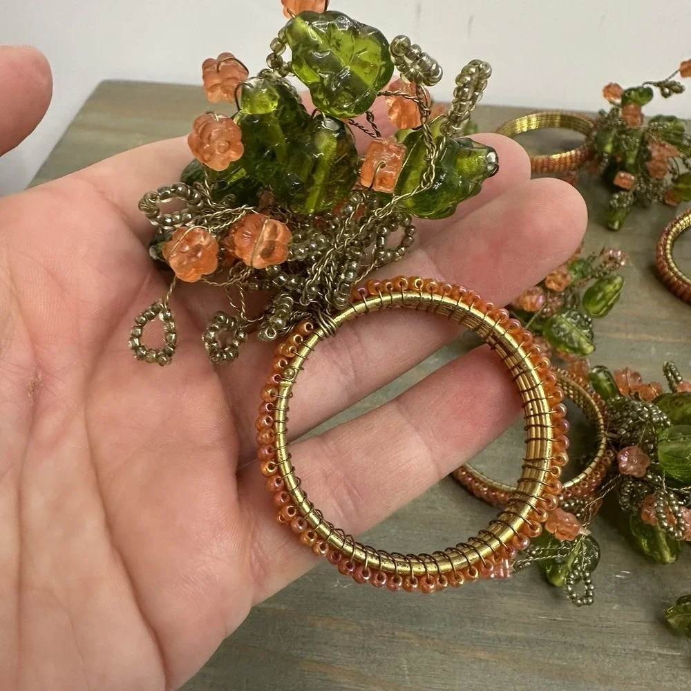 Lot of 8 Beaded Napkin Rings Peach Flowers Green Leaves Flower Spray